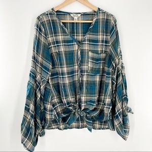 Krazy Kat Teal Plaid Tie Front Flared Sleeve Top M